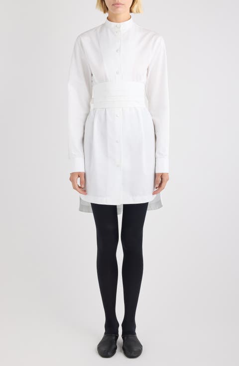 Cummerbund Belted Long Sleeve Cotton Poplin Shirtdress