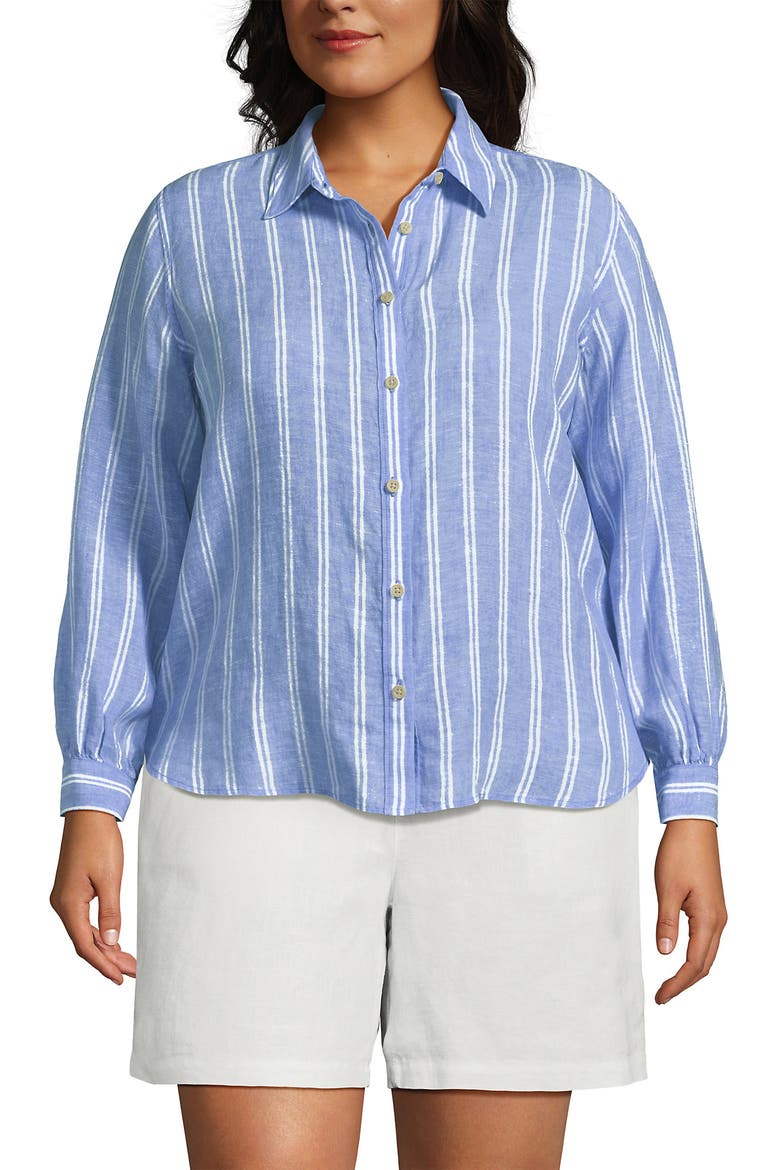 Plus Size Linen Long Sleeve Feminine Shirt, Main, color, Clear Blue Sky Double Stripe