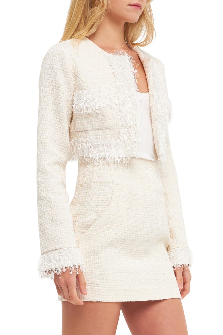 Feather Trim Tweed Crop Blazer, Alternate, color, IVORY