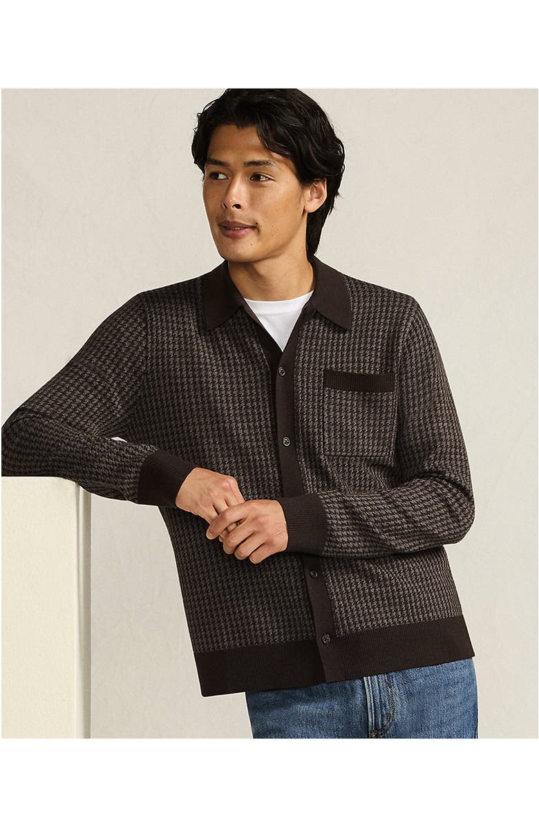 Lands' End Long Sleeve Washable Merino Button Through Sweater Polo, Alternate, color, Rich Coffee Houndstooth