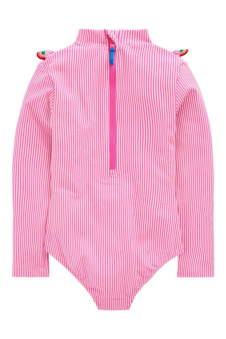 Kids' Frill Long Sleeve One-Piece Rashguard Swimsuit, Alternate, color, PINK GLO STRIPE RAINBOW
