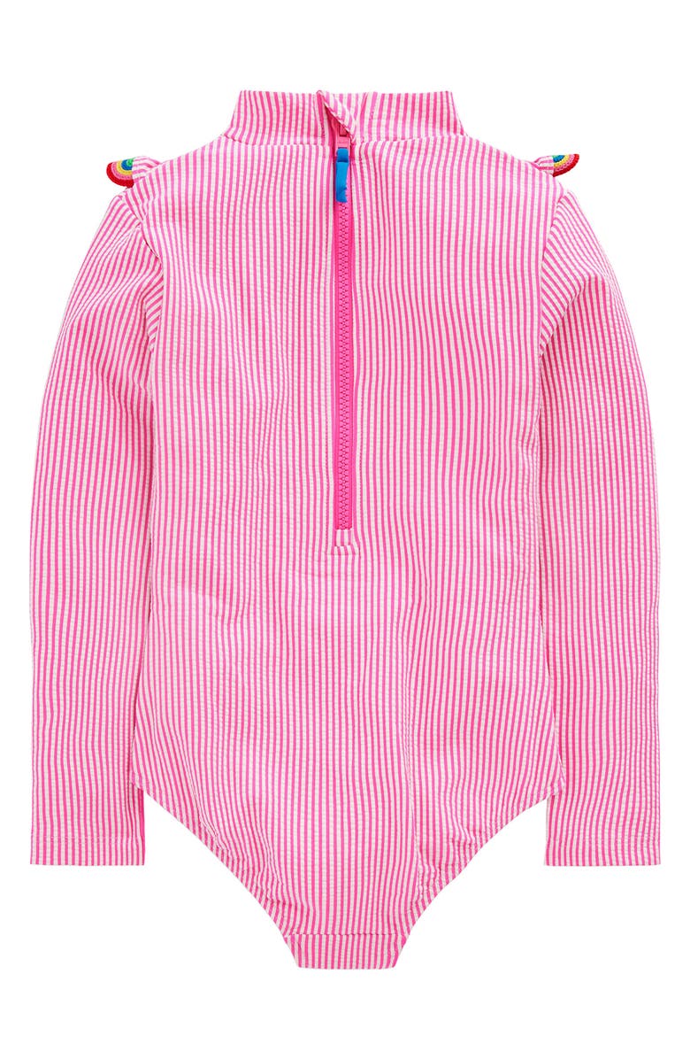 Mini Boden Kids' Frill Long Sleeve One-Piece Rashguard Swimsuit, Alternate, color, Pink Glo Stripe Rainbow
