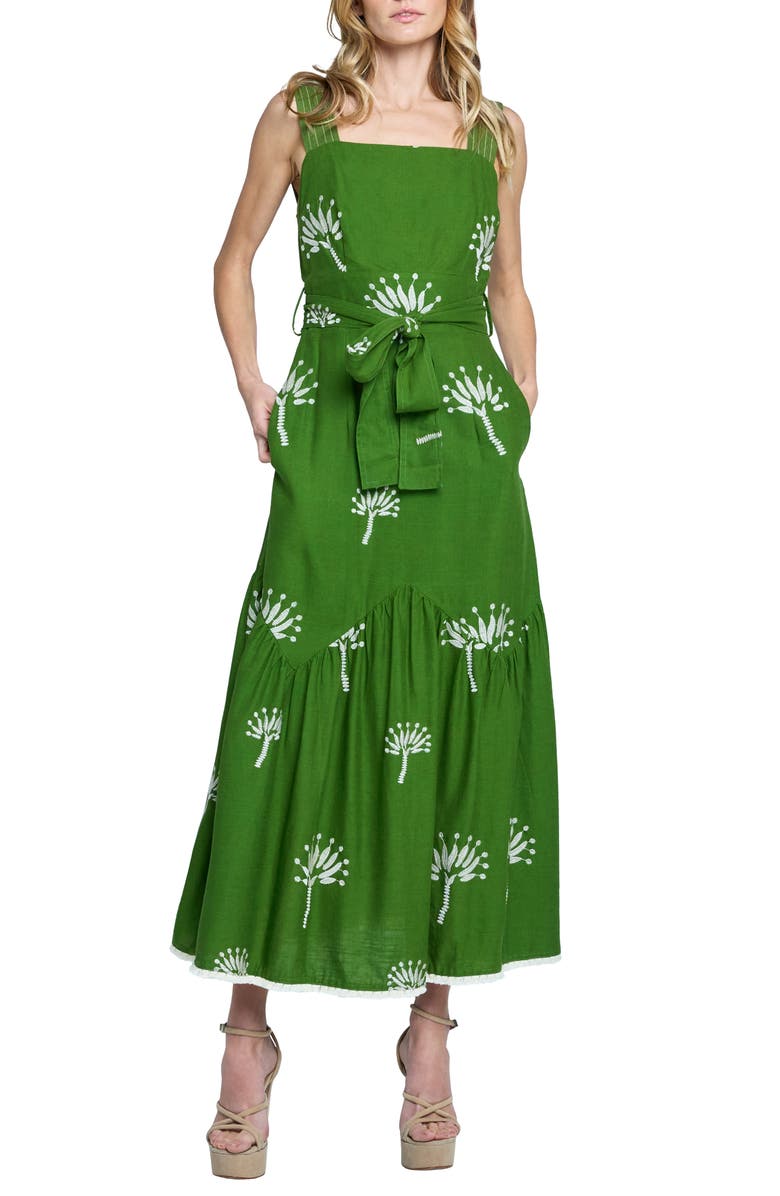 CIEBON Sadira Embroidered Tie Belt Tiered Sundress, Main, color, Green