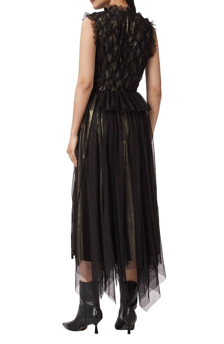 AllSaints Lola Metallic Tulle Asymmetric Midi Dress, Alternate, color, Black/ Metallic Gold