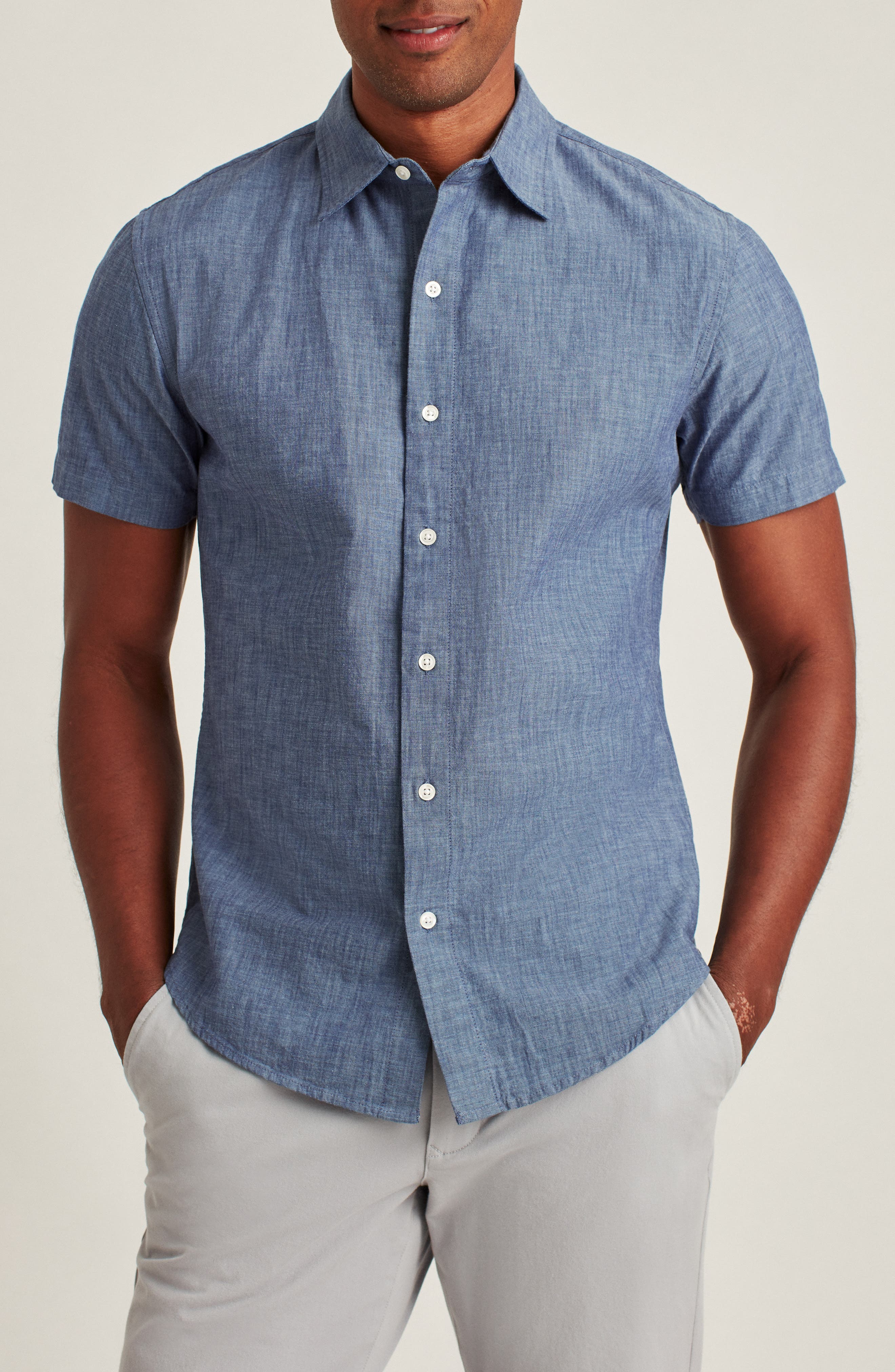 Bonobos Riviera Slim Fit Short Sleeve Cotton Chambray Button-Up Shirt in Darkwash Chambray 