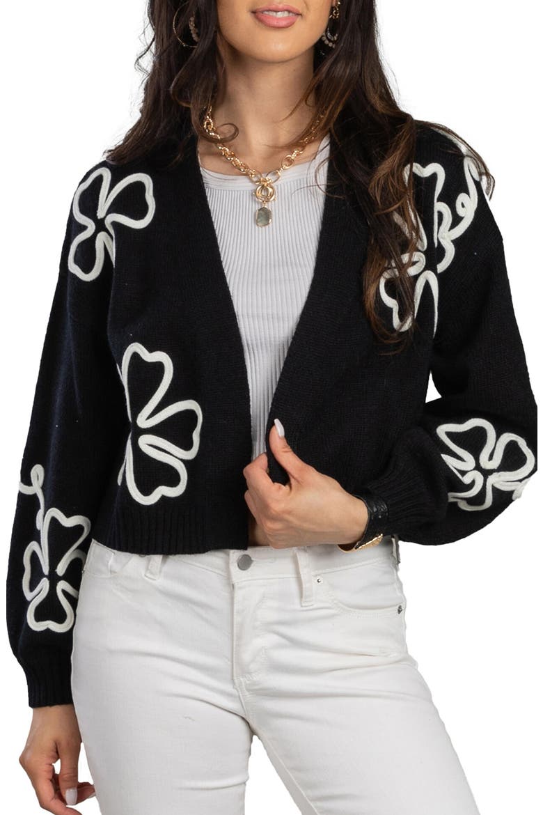 Floral Squiggle Crop Cardigan, Main, color, BLACK