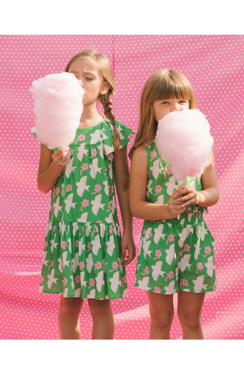 Deux par Deux Girl's Printed Romper With Frills Green With White And Pink Bird, Alternate, color,