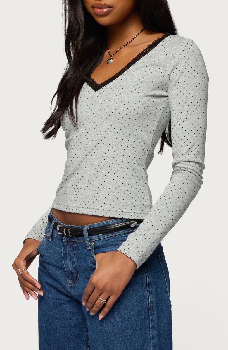 EDIKTED Morah Lace Trim Polka Dot Top, Alternate, color, Gray-Melange