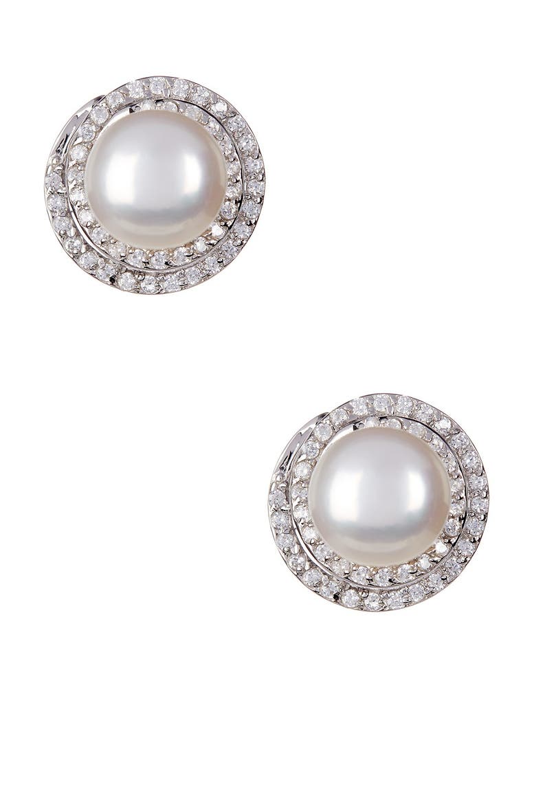 8.5-9mm Cultured Freshwater Pearl Double Halo Pendant Necklace & Earrings Set, Alternate, color, WHITE