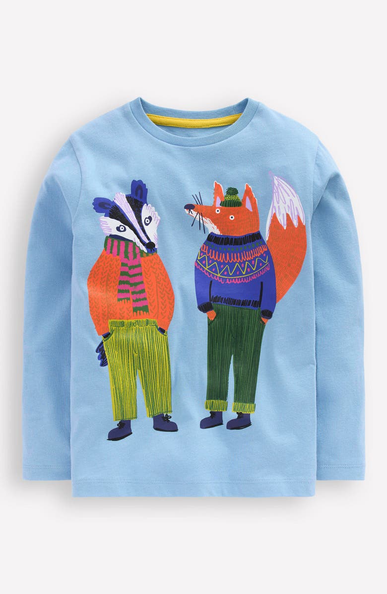 Mini Boden Kids' Friends Long Sleeve Cotton Graphic T-Shirt, Main, color, Glacier Blue Foxes