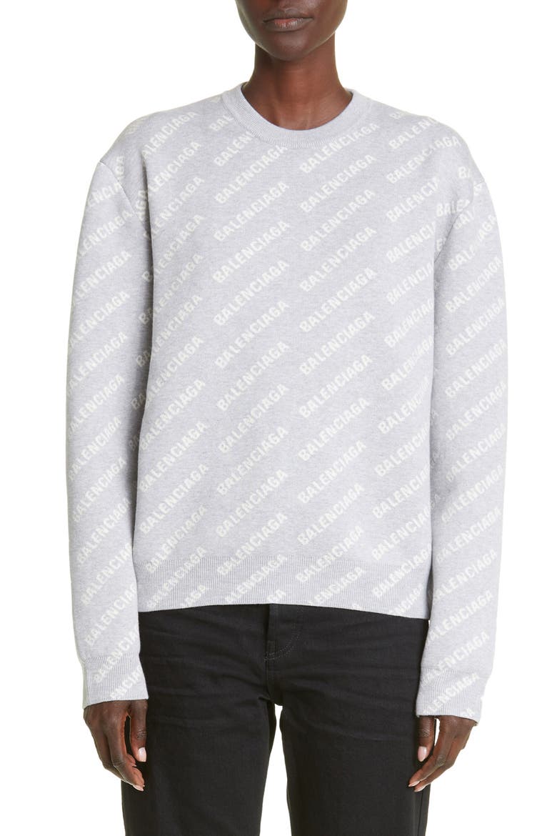 Women's Logo Jacquard Crop Crewneck Cotton & Wool Blend Sweater, Main, color, GREY/ BLACK
