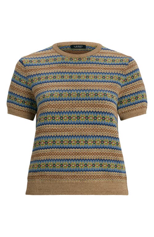 Shop Ralph Lauren Lauren  Fair Isle Short Sleeve Cotton & Linen Sweater In Light Brown Multi