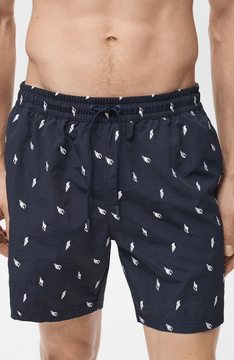 MANGO Shell Embroidered Swim Trunks, Main, color, Navy