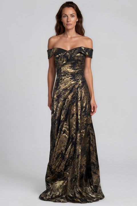 Off The Shoulder Metallic Jacquard Draped Column Gown