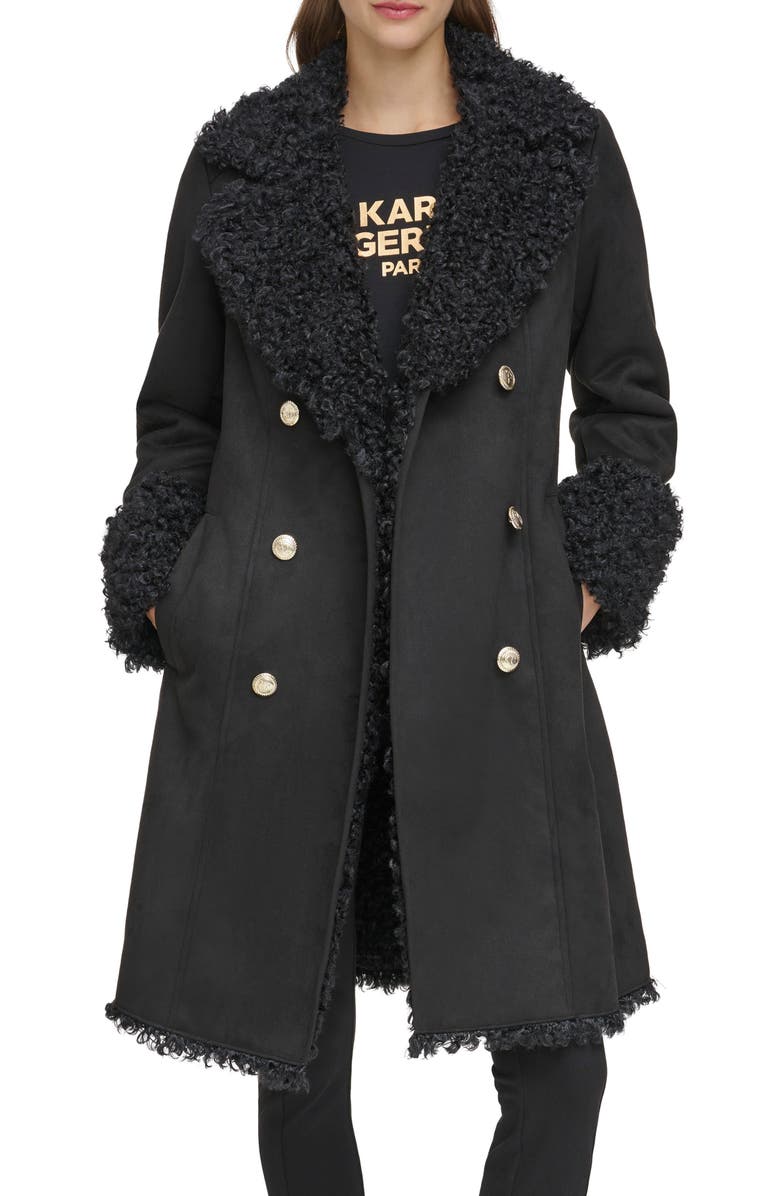KARL LAGERFELD PARIS Faux Shearling Double Breasted Coat, Main, color, 