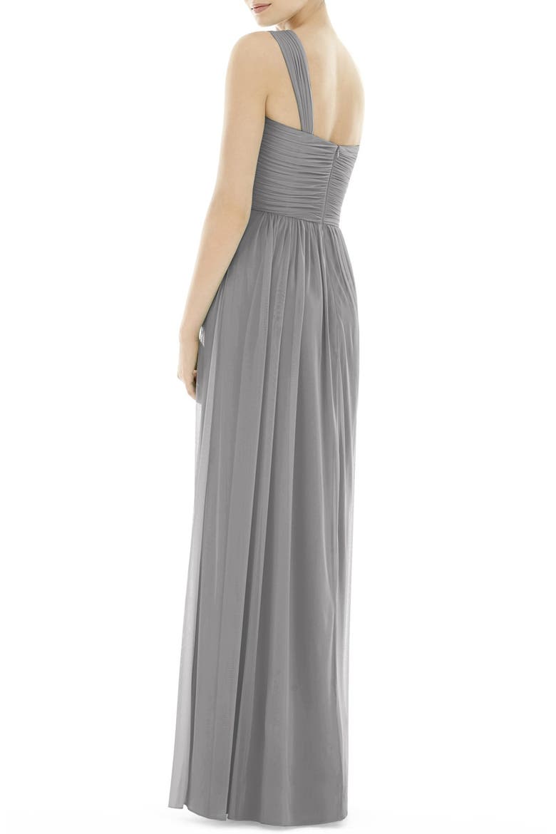 One-Shoulder Shirred Chiffon Gown, Alternate, color, QUARRY