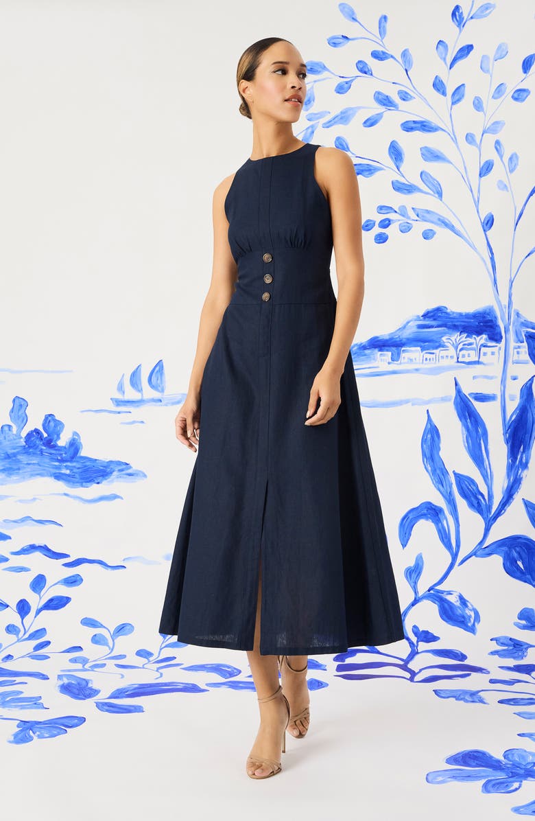 Maggy London Sleeveless Linen Blend Fit & Flare Dress, Alternate, color, Navy Blazer