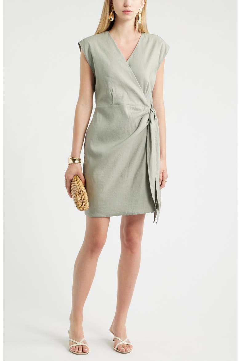 Linen Blend Wrap Dress, Main, color, GREEN CHAPARRAL