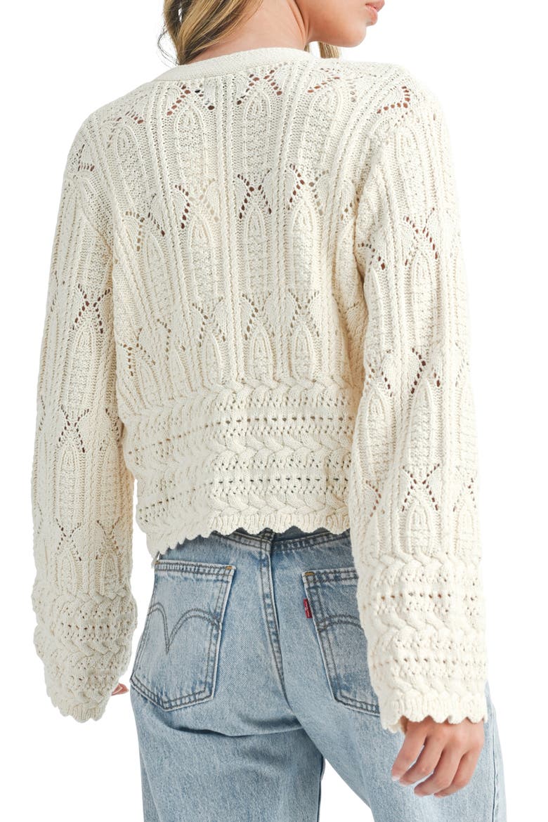 Mixed Stitch Scallop Hem Cotton Cardigan, Alternate, color, CREAM