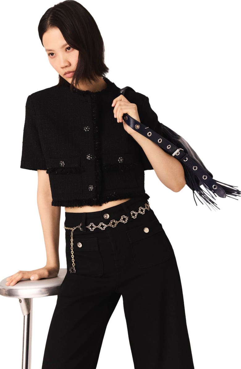 maje Short shiny tweed jacket, Alternate, color, Black