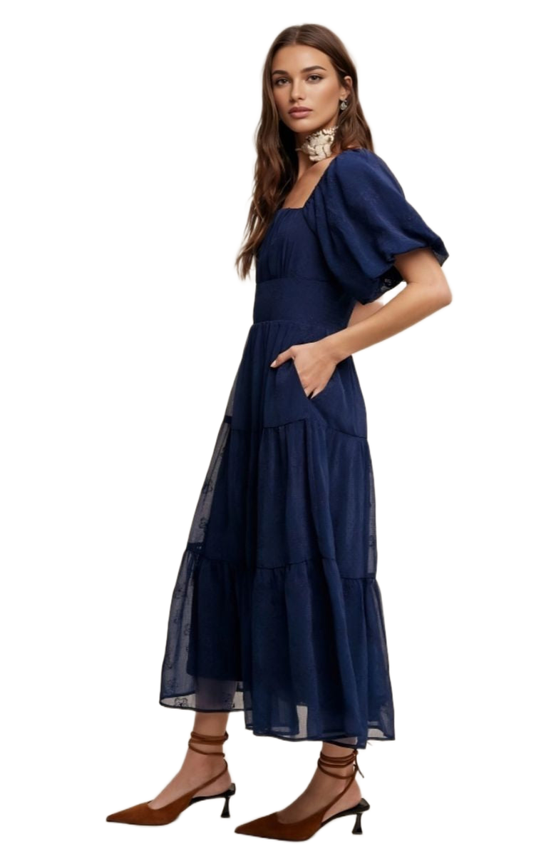 Knit and Lounge Puff Sleeve Tiered Ruffle Lace Maxi Dress, Alternate, color, Navy