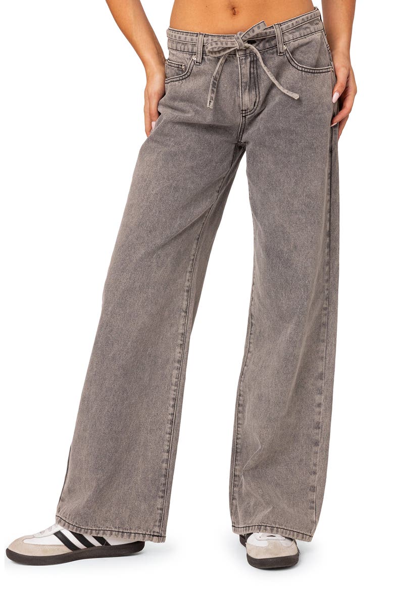 Tie Belt Low Rise Wide Leg Jeans, Main, color, LIGHT-GRAY