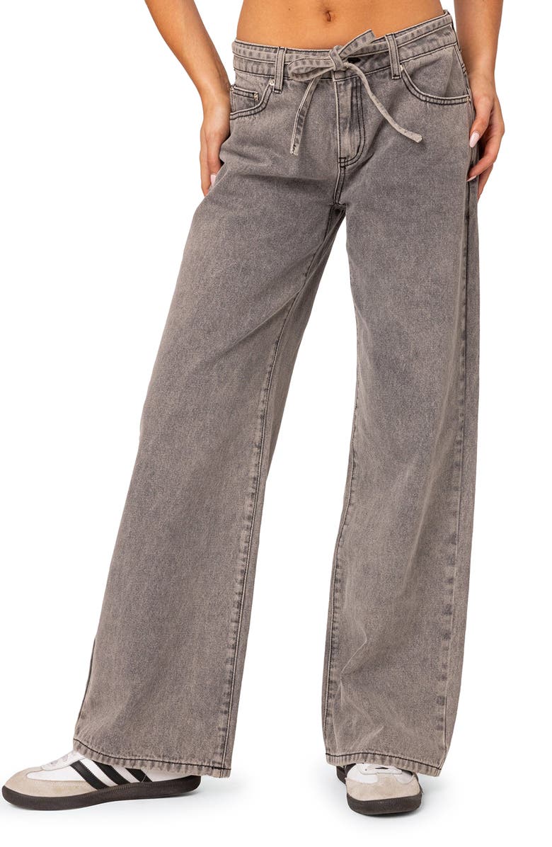 EDIKTED Tie Belt Low Rise Wide Leg Jeans, Main, color, Light-Gray