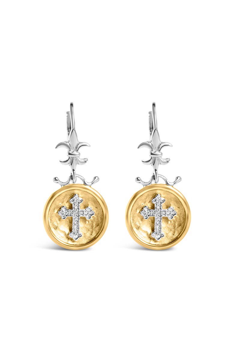18K Yellow Gold Plated Silver 1/8 Ct Diamond Medallion Cross Dangle Earrings, Main, color, Yellow