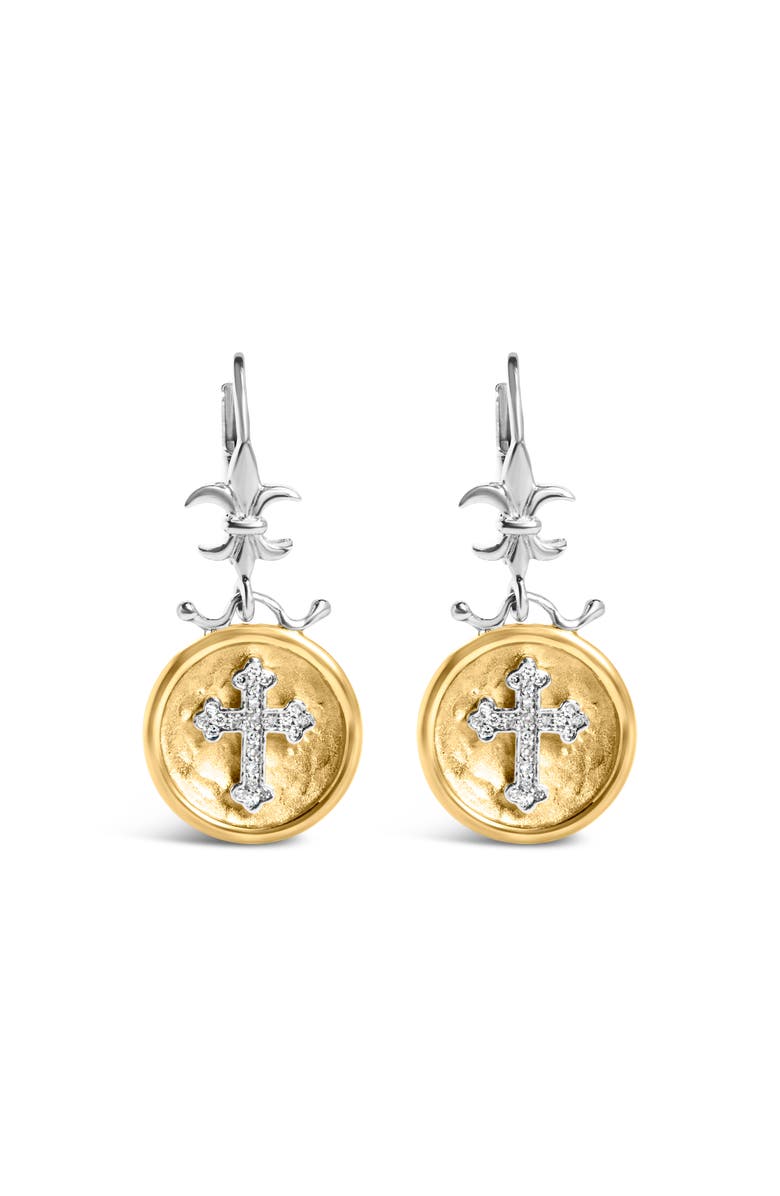 Haus of Brilliance 18K Yellow Gold Plated Silver 1/8 Ct Diamond Medallion Cross Dangle Earrings, Main, color, Yellow