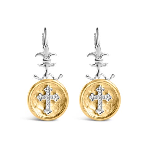 18K Yellow Gold Plated Silver 1/8 Ct Diamond Medallion Cross Dangle Earrings