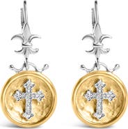 Haus of Brilliance 18K Yellow Gold Plated Silver 1/8 Ct Diamond Medallion Cross Dangle Earrings