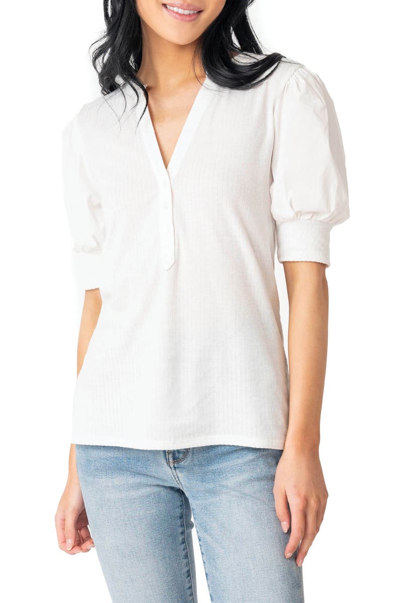 GIBSONLOOK Puff Sleeve Mixed Media Top, Main, color, White
