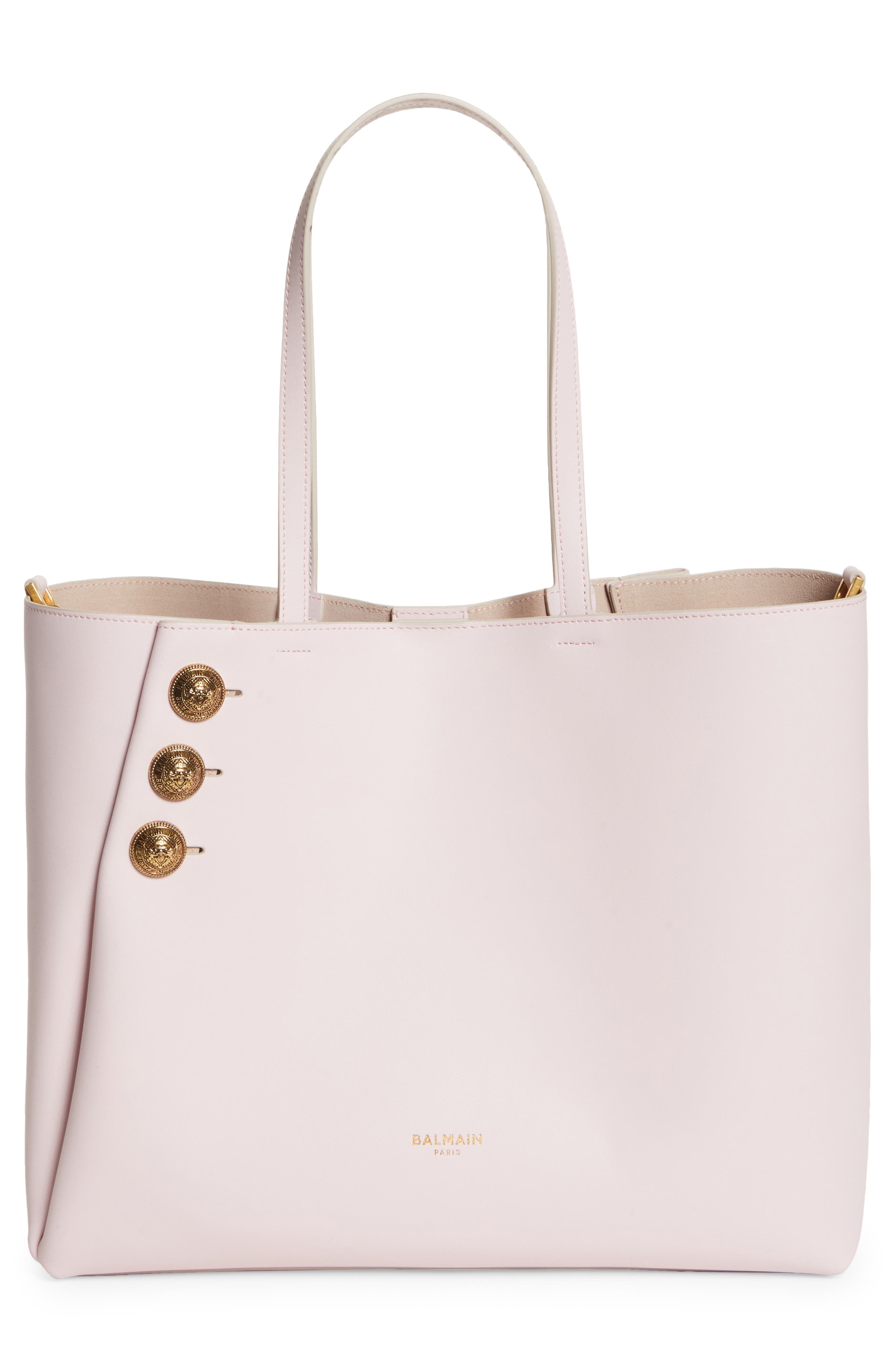 Balmain Emblem Crest Button Calfskin Shopper, Alternate, color, 4Ak Pale Pink
