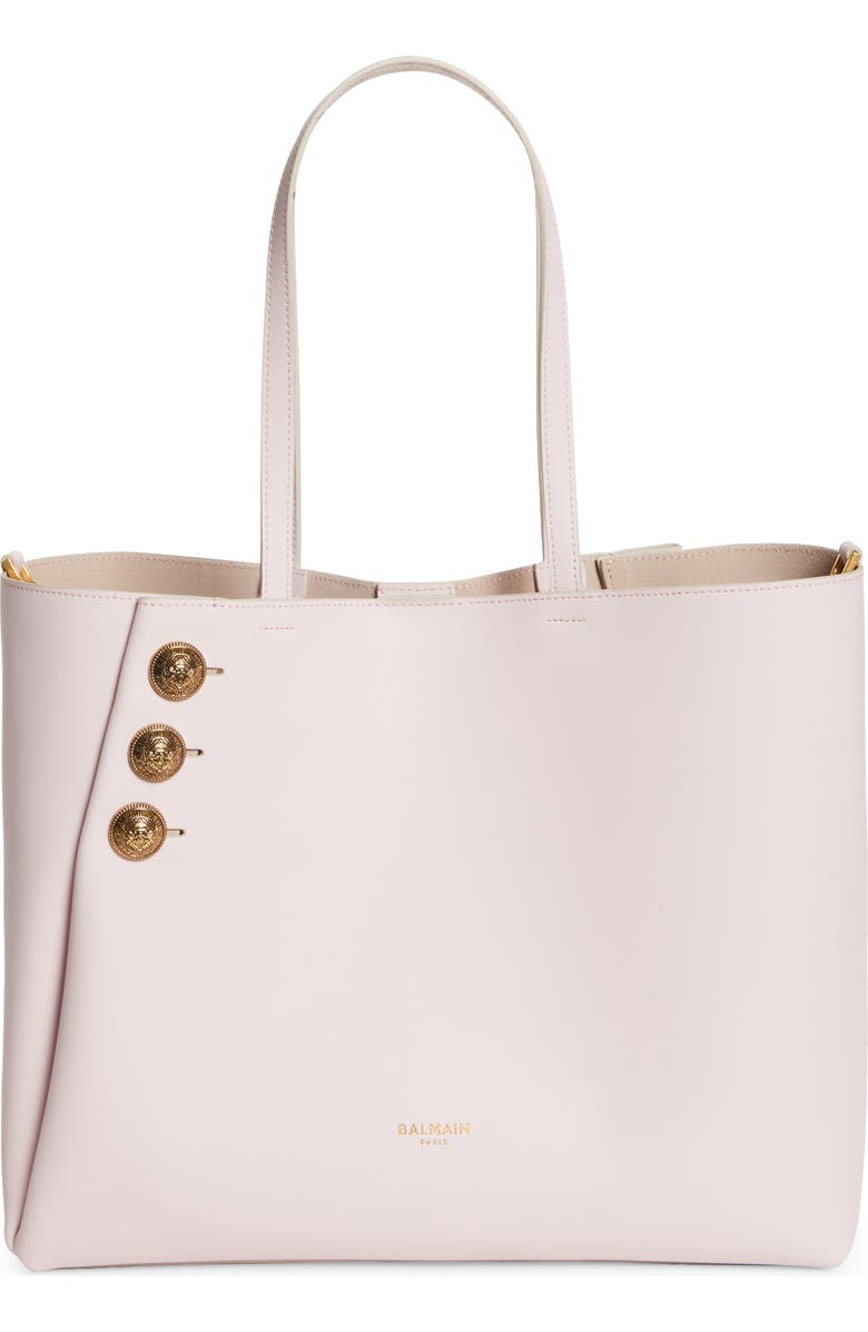 Balmain Emblem Crest Button Calfskin Shopper, Alternate, color, 4Ak Pale Pink