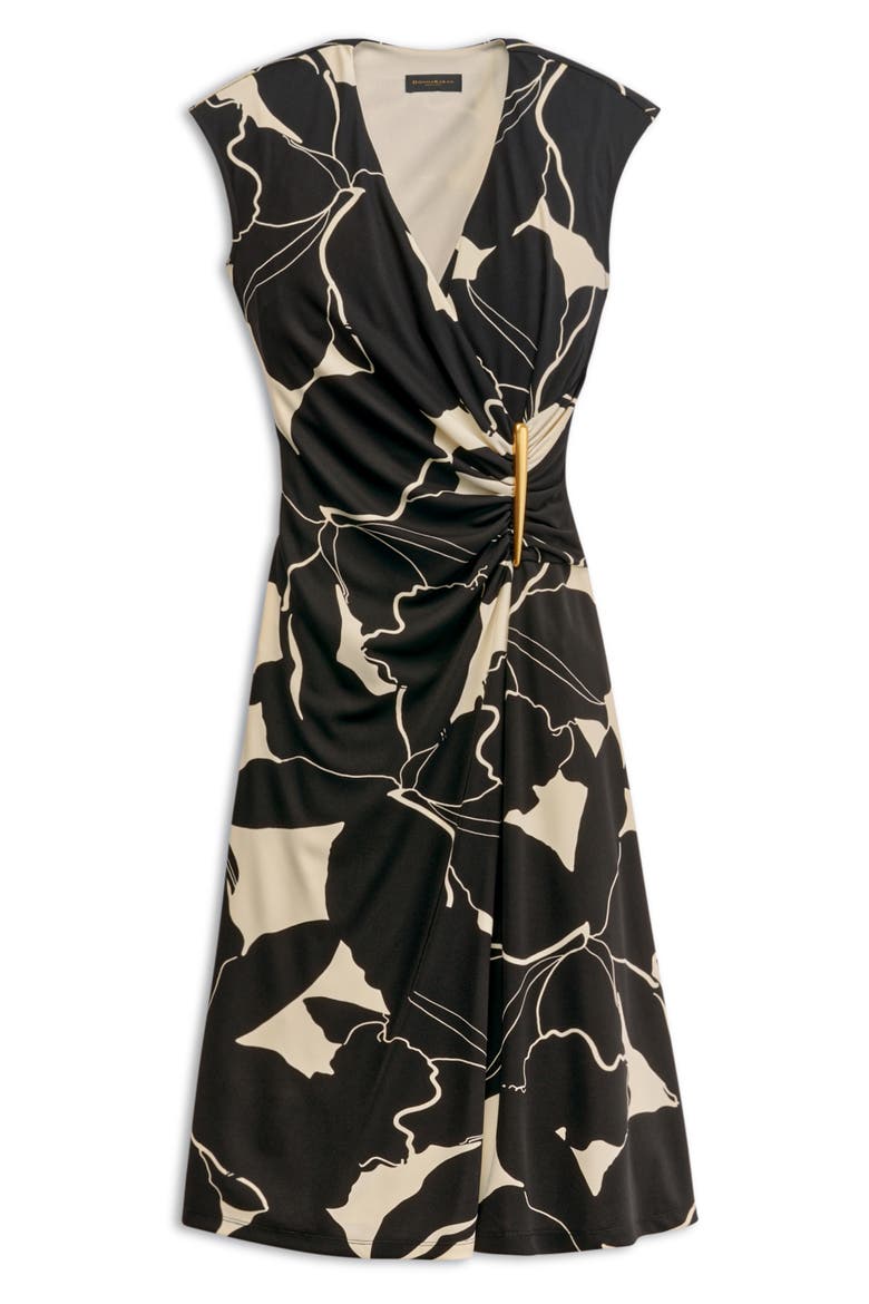 Floral Wrap Front Midi Dress, Alternate, color, BLACK/ PARCHMENT