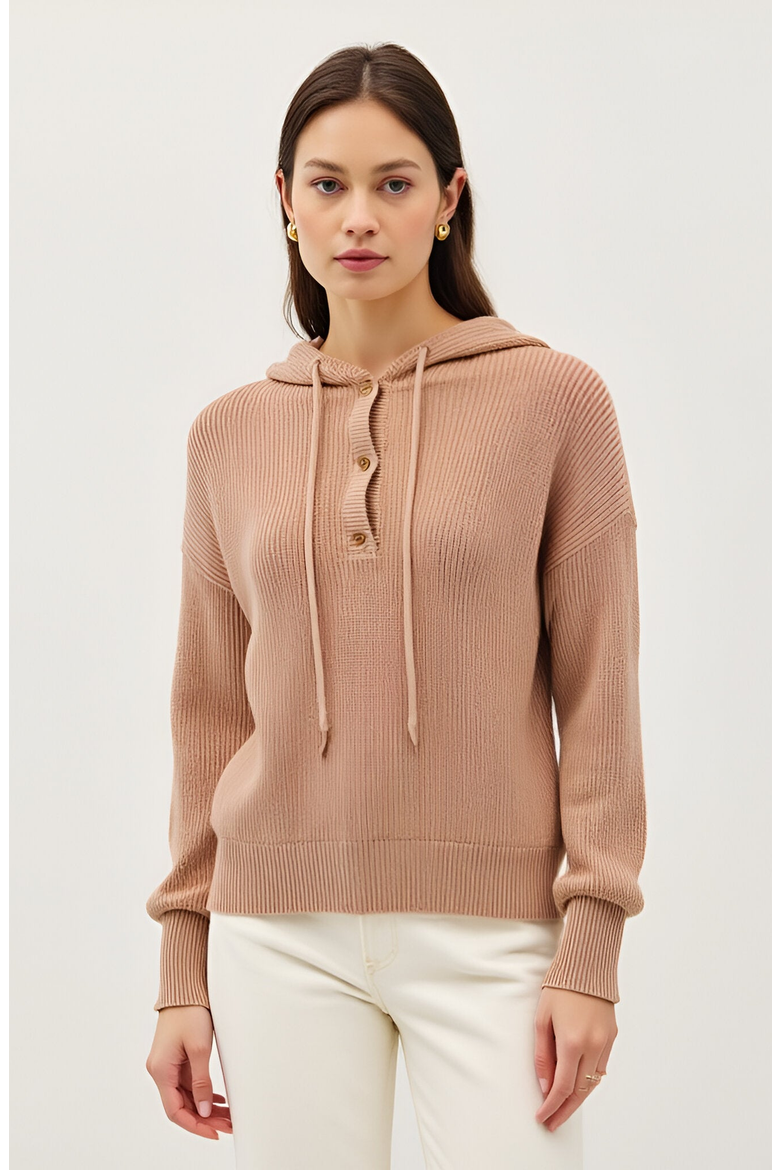 Knit Button Front Hoodie with Ribbed Hem and Drop Shoulders, Alternate, color, Light Beige