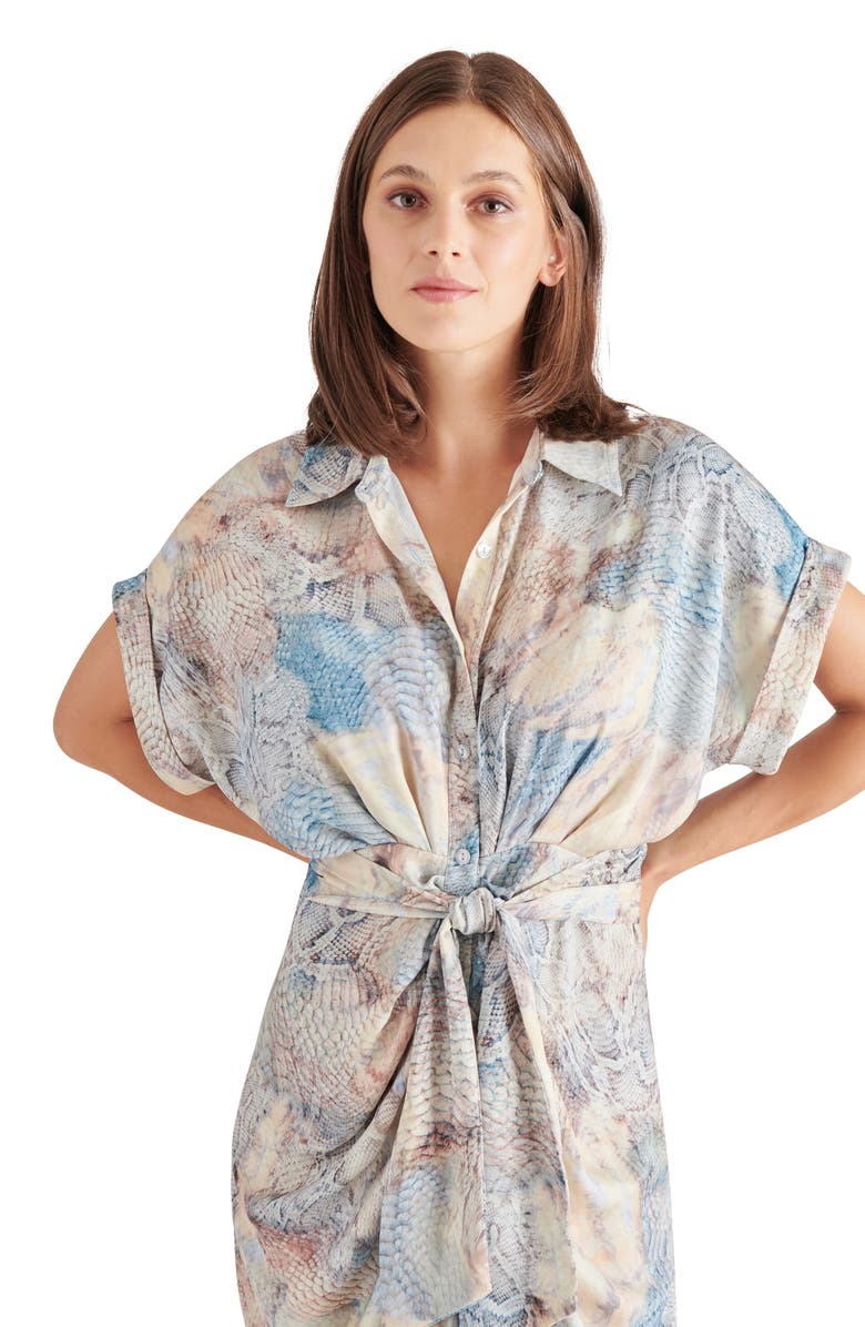 Steve Madden Tori Snakeskin Print Tie Waist Midi Shirtdress, Alternate, color, Blue/ Beige Multi