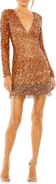 Mac Duggal V-Neck Long Sleeve Sequin Dress with Fringe Detail