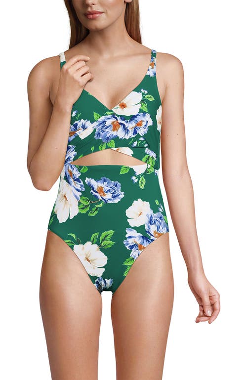 Lands' End Wrap Monokini High Leg One Piece Swimsuit In Island Emerald Petunia Floral