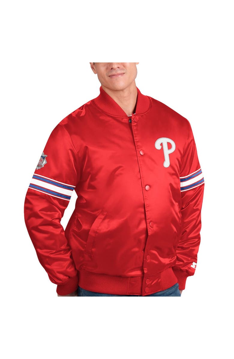 STARTER Men's Starter Red Philadelphia Phillies Pick & Roll Satin Varsity Full-Snap Jacket, Main, color,