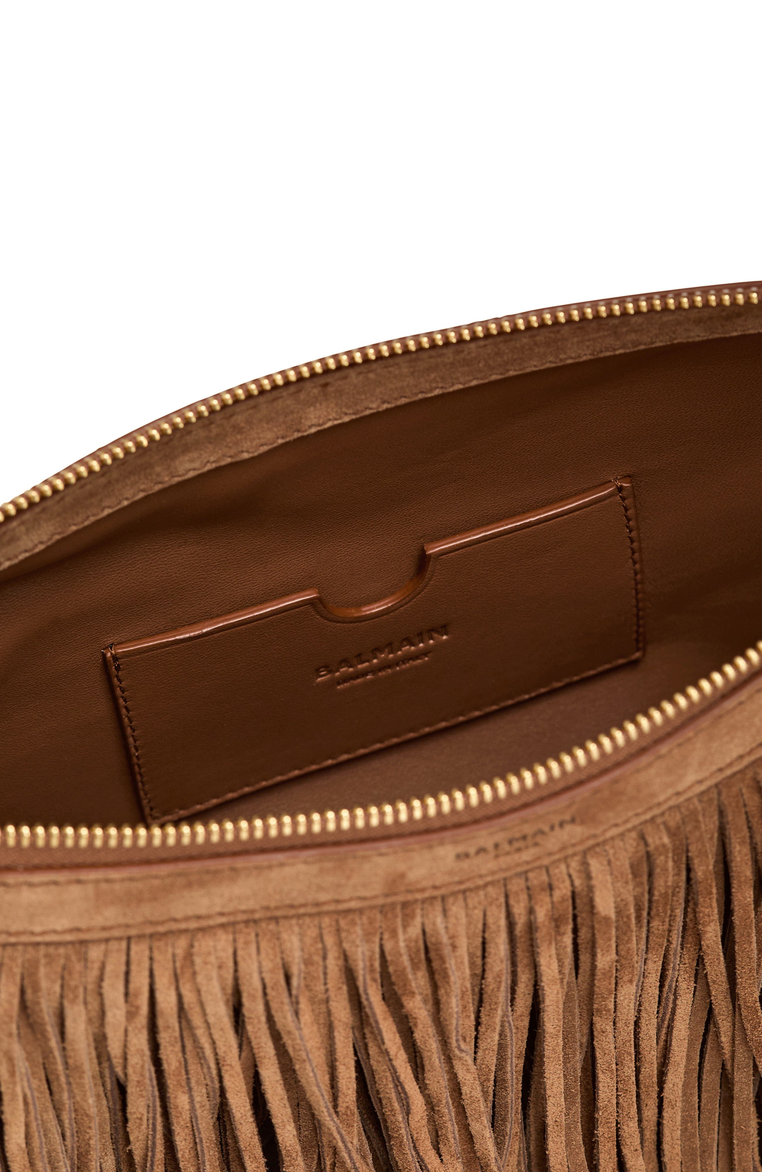 Balmain Ebene Hobo Fringes-Suede Leather, Alternate, color, Brown