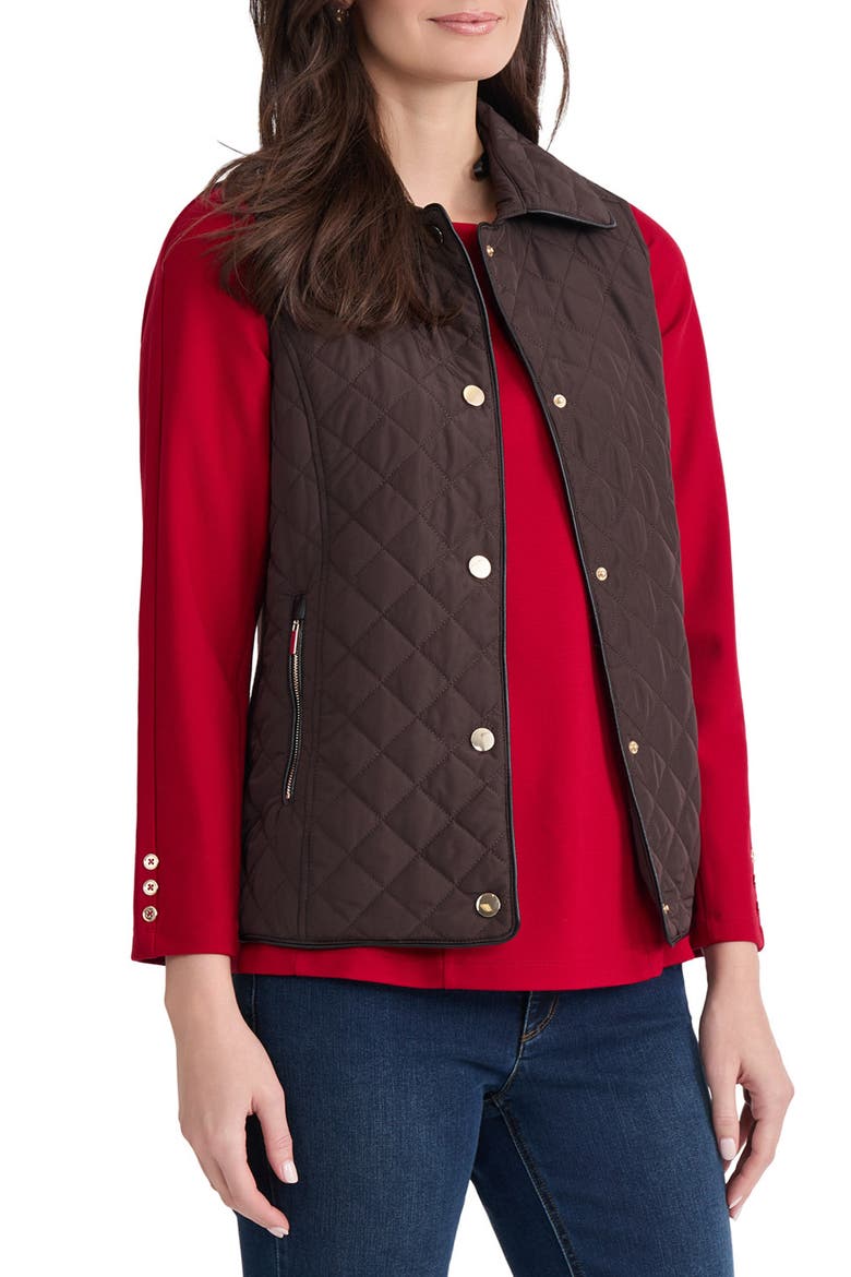 Quilted Faux Leather Trim Vest, Alternate, color, COFFEE BEAN/ JONES BLACK