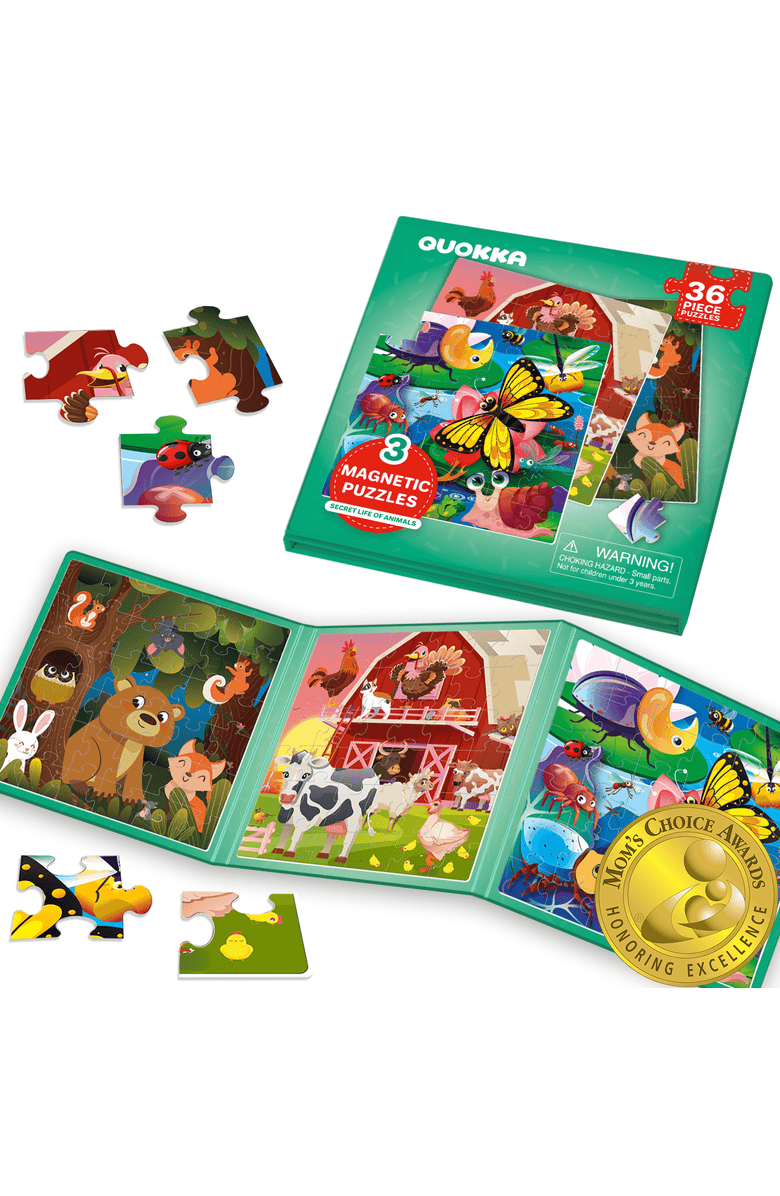 Quokka Magnetic Travel Puzzle Set - Animal, Space, Princess, and Math Puzzles for Kids, Main, color, Farm, Bugs, Animal