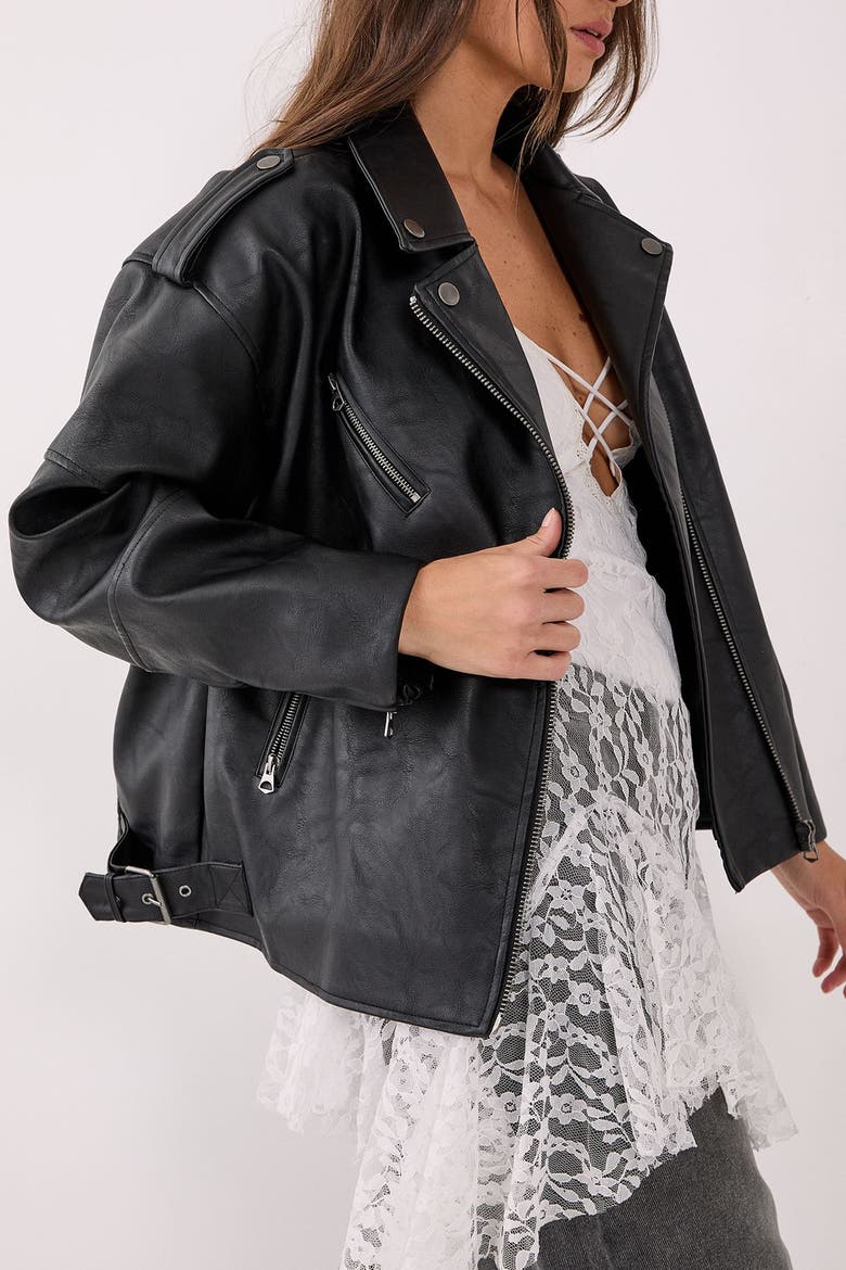 Faux Leather Biker Jacket, Alternate, color, Black