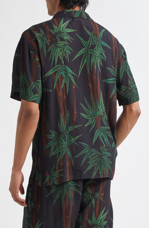 Endless Joy Bamboo Print Crepe Button-up Shirt In Black