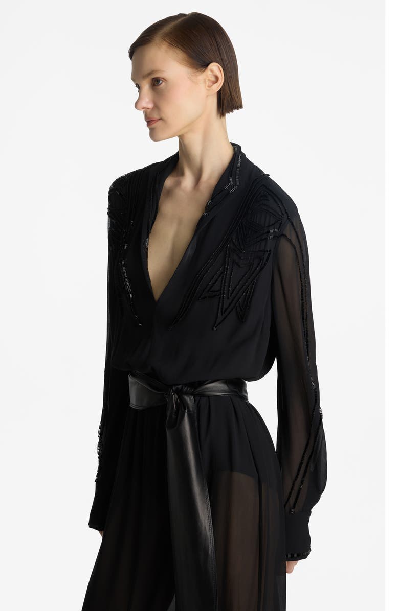 St. John Collection Tonal Beaded Long Sleeve Silk Georgette Gown, Alternate, color, 