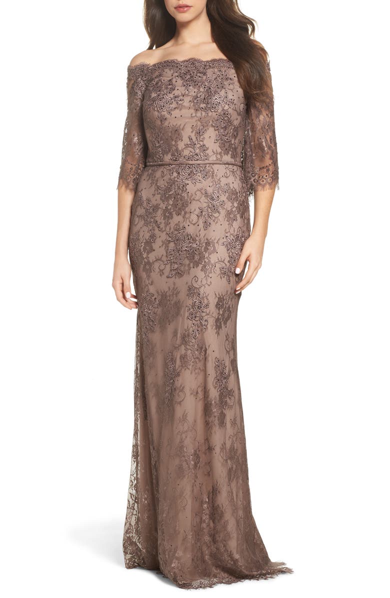 La Femme Off the Shoulder Lace Gown, Main, color, 