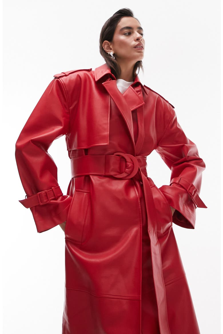 Belted Faux Leather Trench Coat, Alternate, color, RED