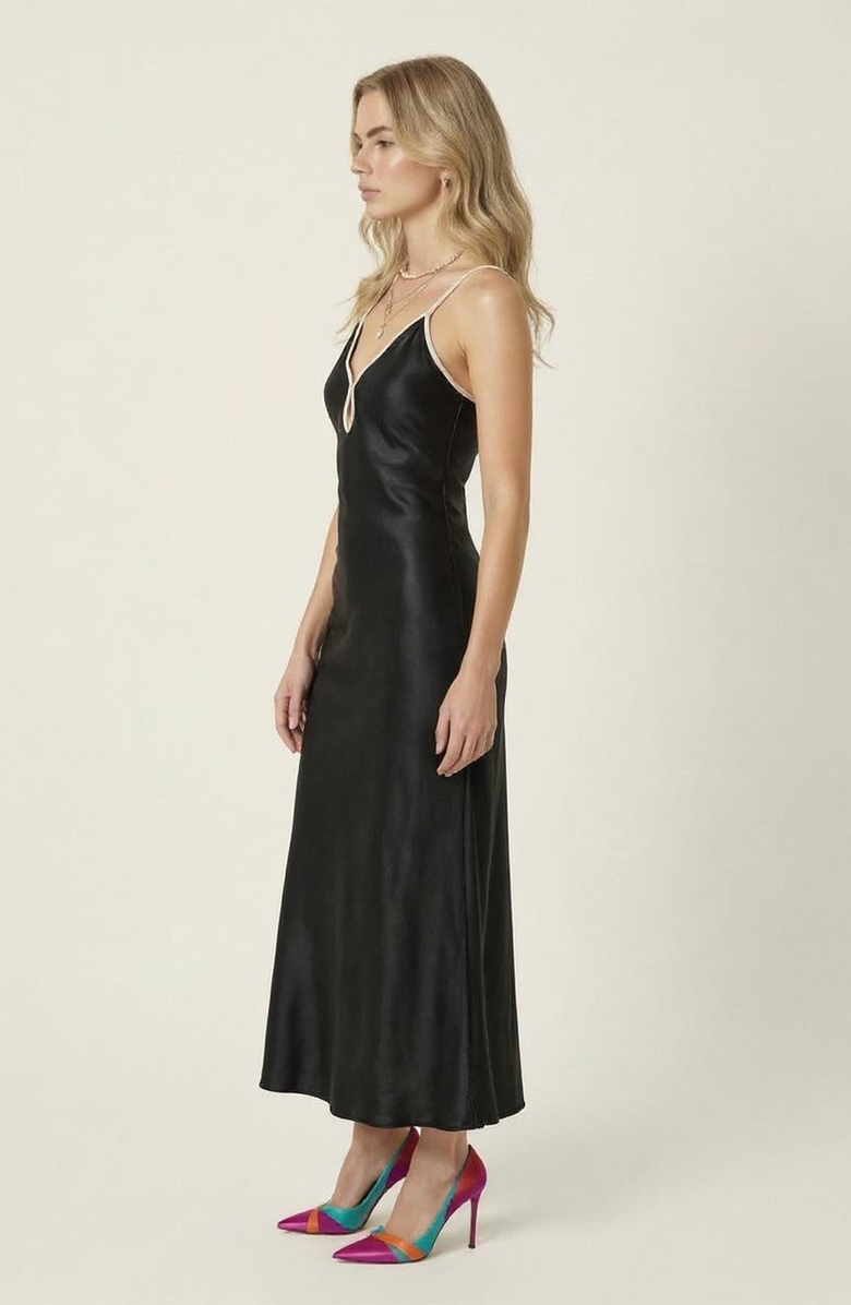 Modenaire Satin Plunging Cutout Maxi Dress, Alternate, color, Black / Cream