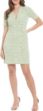 London Times Short Sleeve Bouclé Faux Wrap Dress